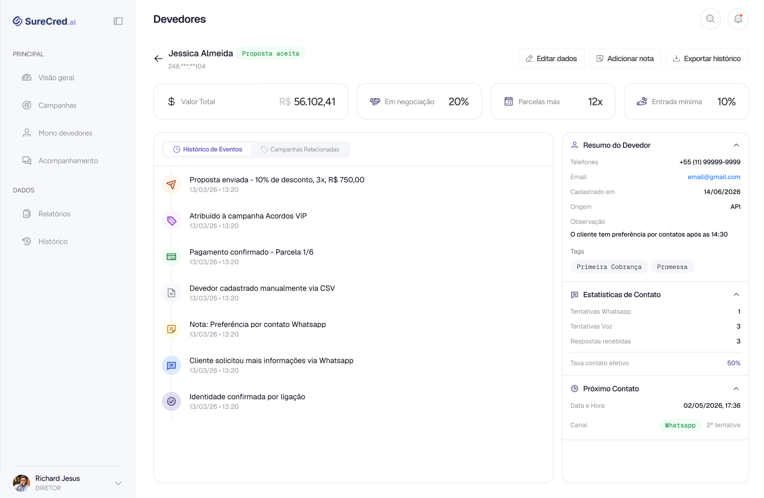 Detalhe do devedor com histórico de eventos, estatísticas de contato e próximo contato